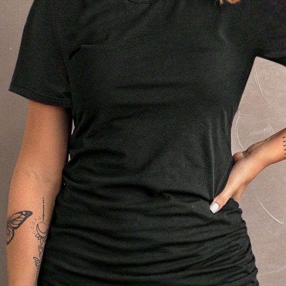 Black Casual Womens Solid Ruched Tulip Hem Dress - Picture 3 of 5